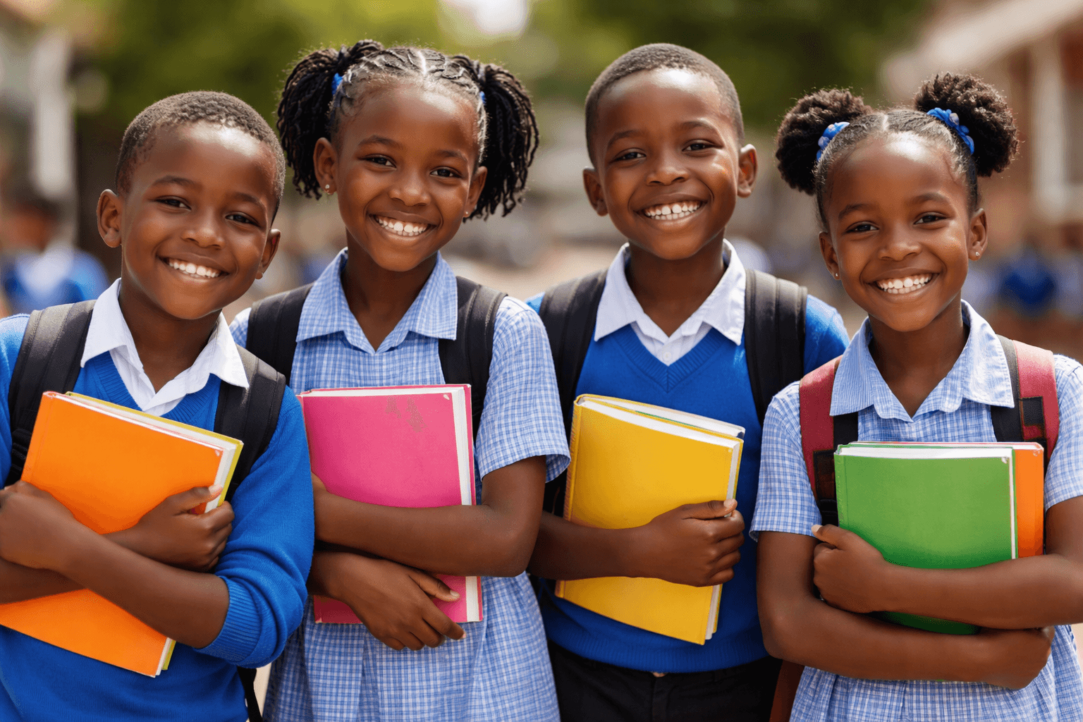 Nigerian school children in blue uniforms holding colorful books