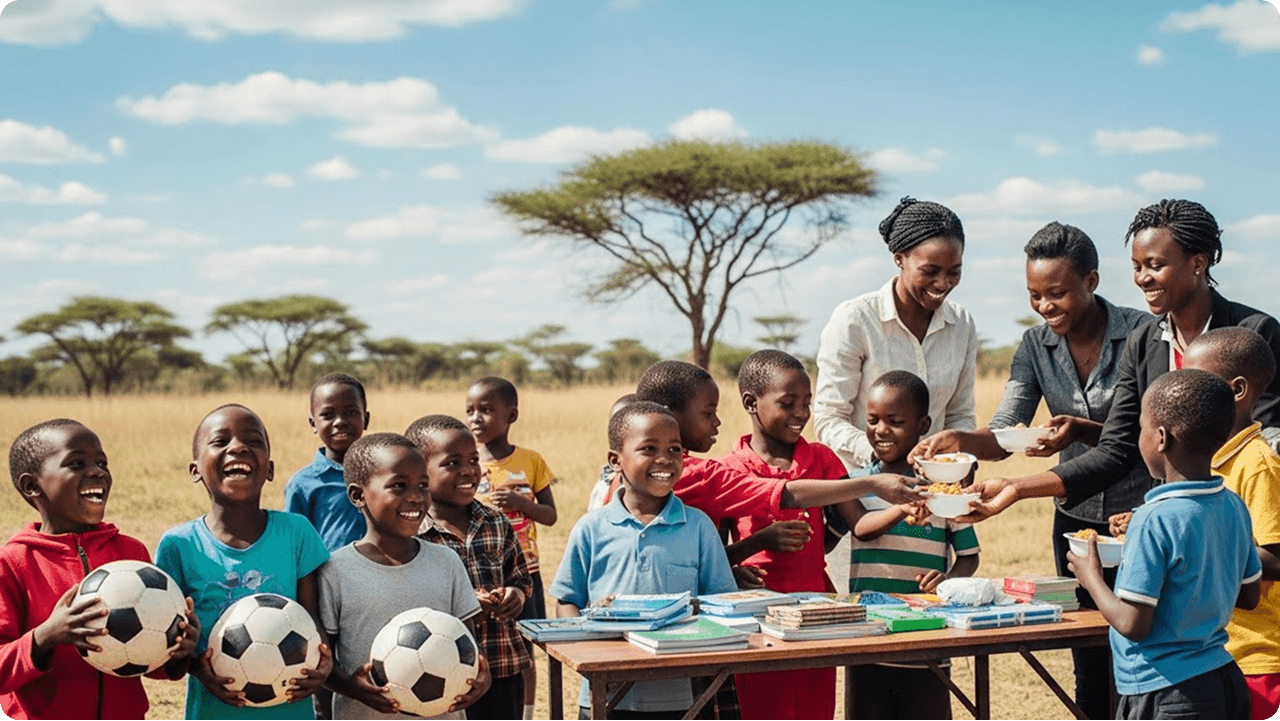 Smiling children holding books outside their school